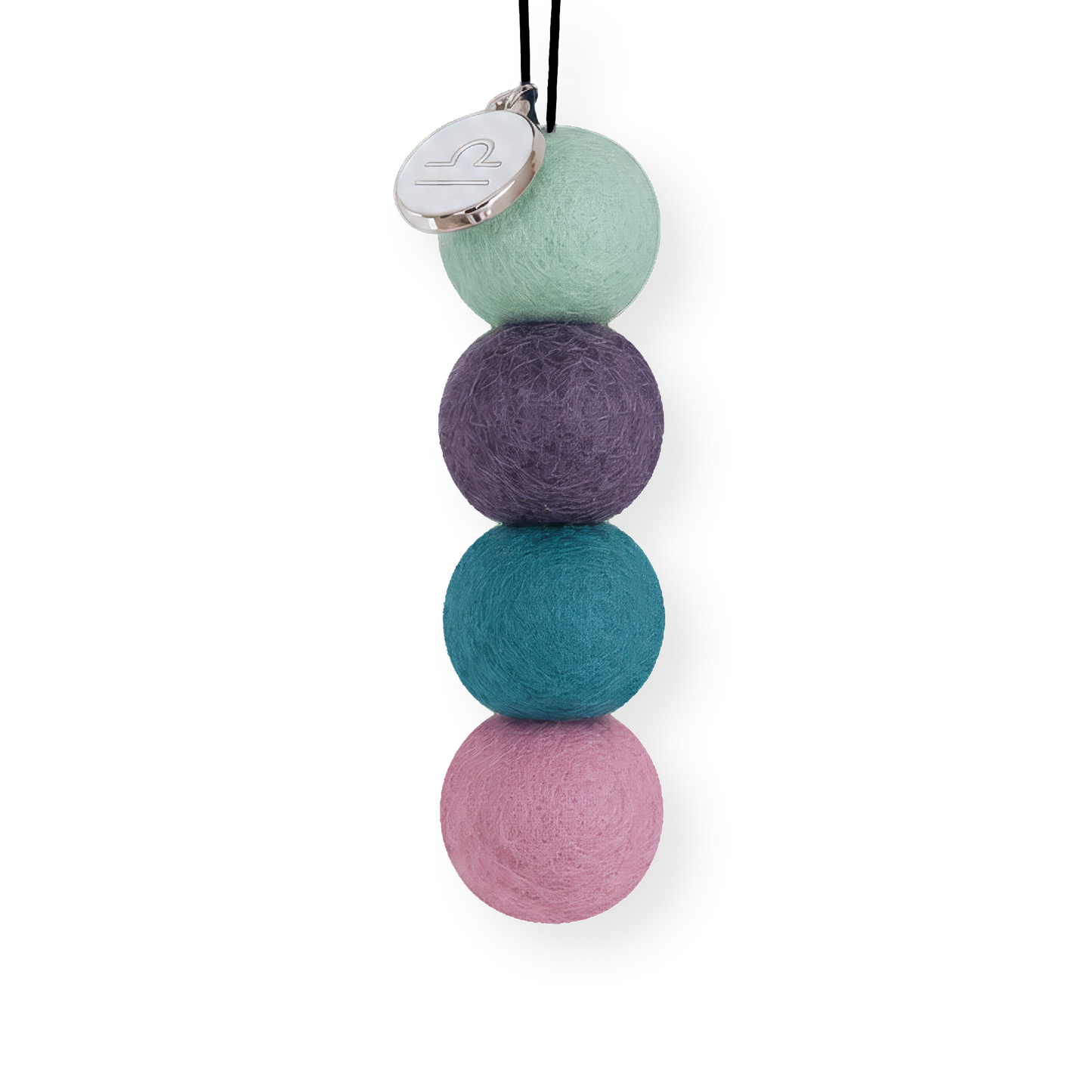 Four reusable wool felt air freshener balls in sage green, deep dusty purple, teal blue, and soft pastel pink for the Libra Zodiac Set.