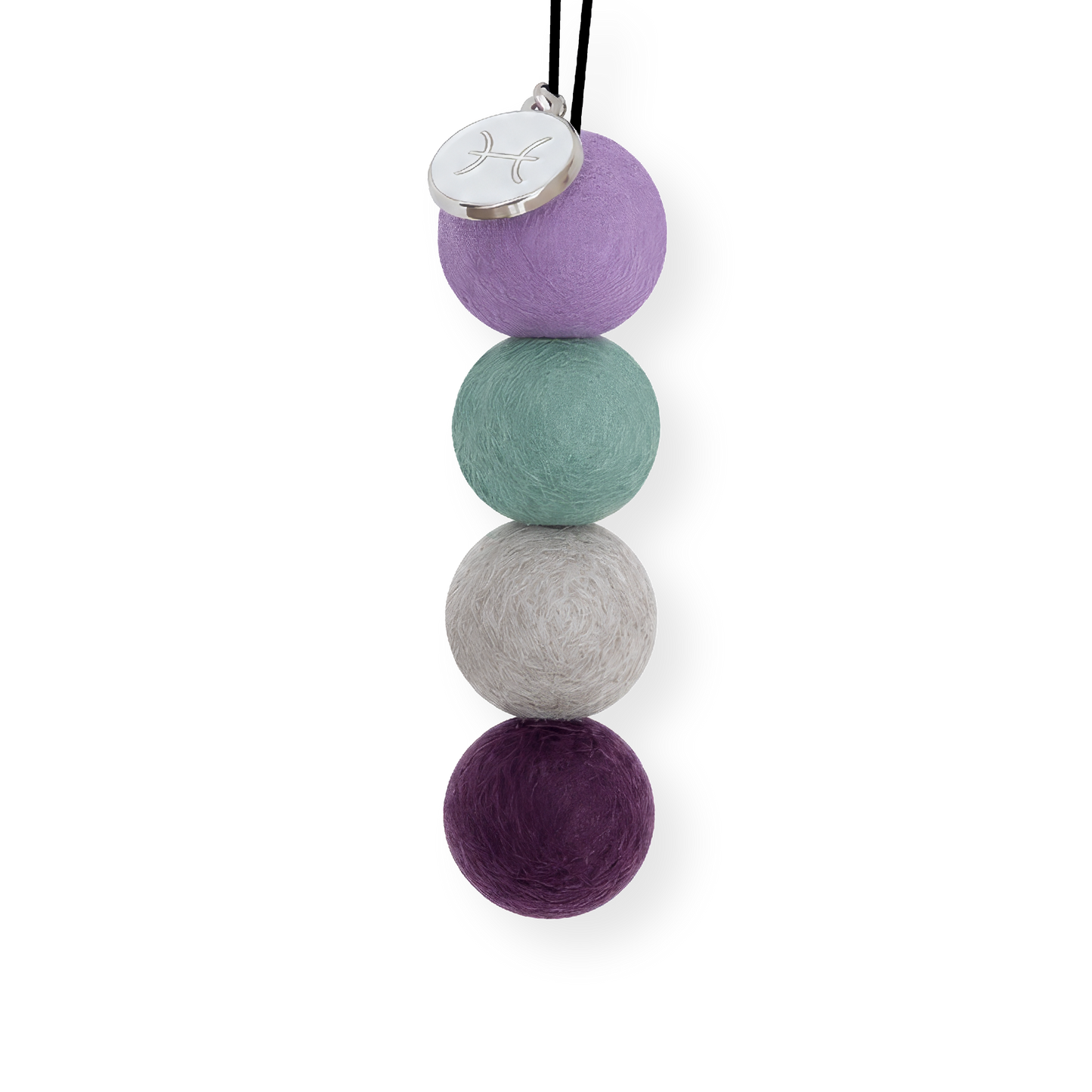 Four reusable wool felt air freshener balls in soft lilac purple, seafoam mint green, gentle mist grey, and deep violet purple for the Pisces Zodiac Set.