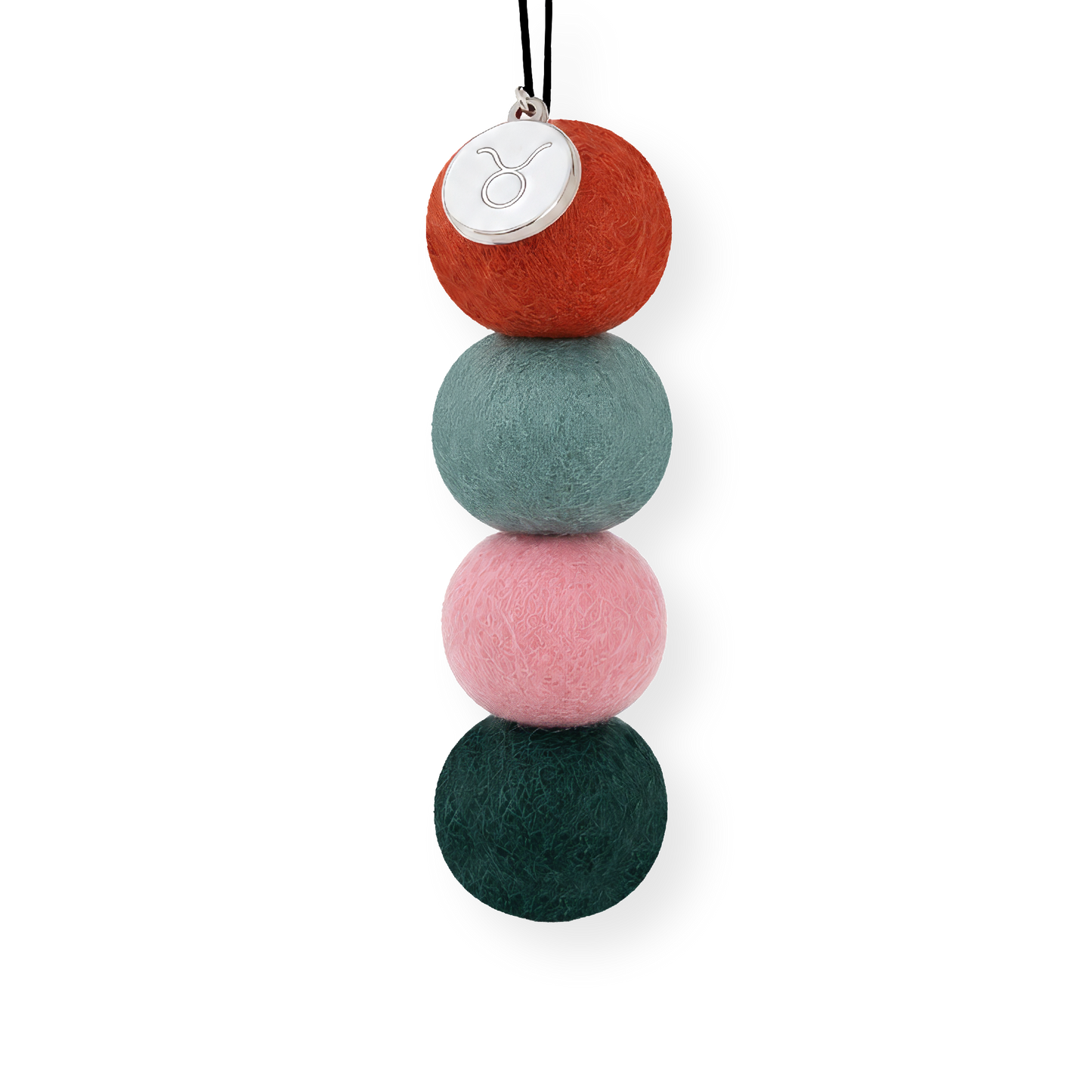 Taurus Zodiac Smelly Balls four reusable wool felt scent balls in an earthy palette of terracotta orange, sage green, soft blush pink, and deep forest green, strung on an elastic cord.