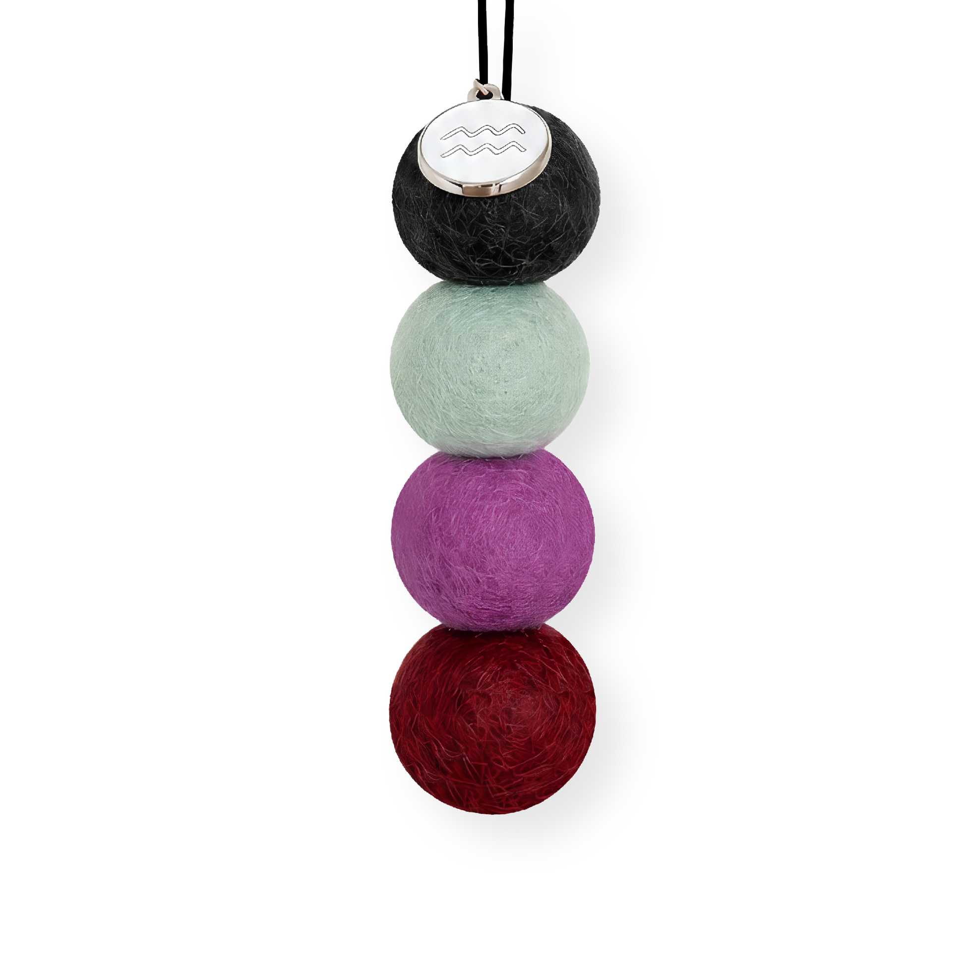 Four reusable wool felt air freshener balls in charcoal black, pale sage mint, vibrant bright purple and rich crimson red for the Aquarius Zodiac Set.