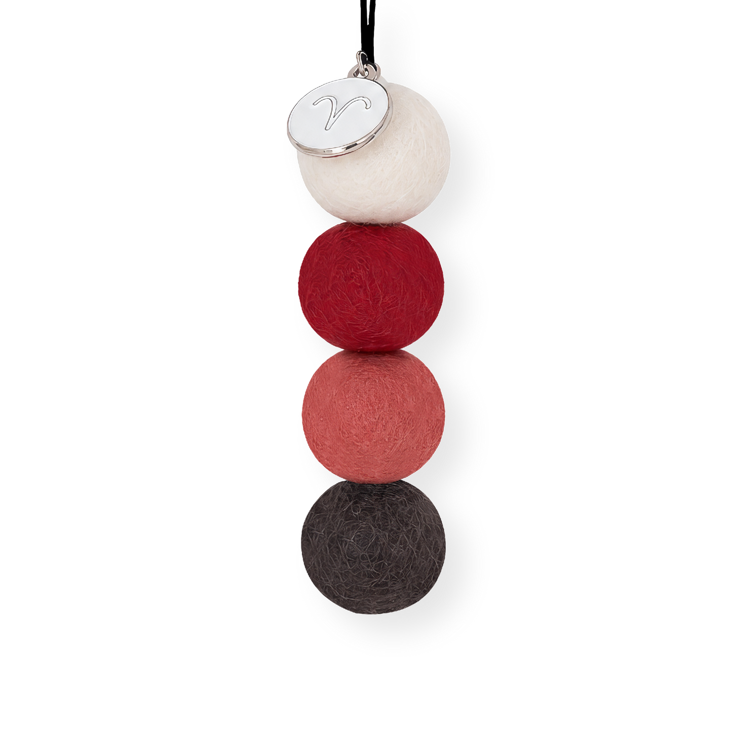 Aries Zodiac Smelly Balls four reusable wool felt scent balls in a fiery colour palette of deep crimson red, warm coral, crisp cream, and charcoal black, strung on an elastic cord.