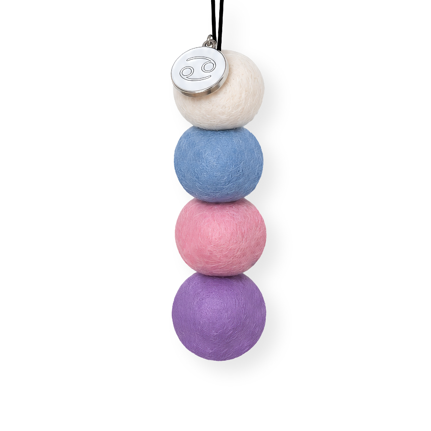 Four reusable wool felt air freshener balls featuring a soft, dreamy colourway of crisp white, cornflower blue, pastel pink, and rich lavender purple for the Cancer Zodiac Set.
