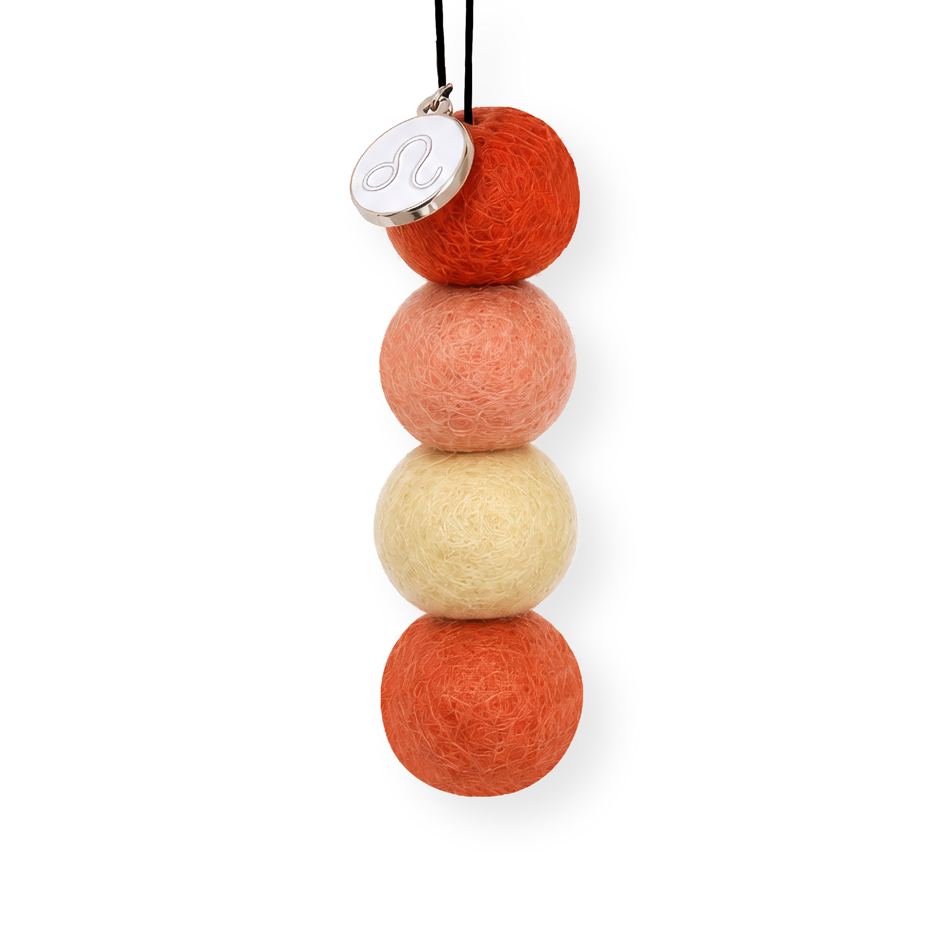 Four reusable wool felt air freshener balls in vibrant crimson red, warm peach, soft pale yellow, and burnt orange for the Leo Zodiac Set.