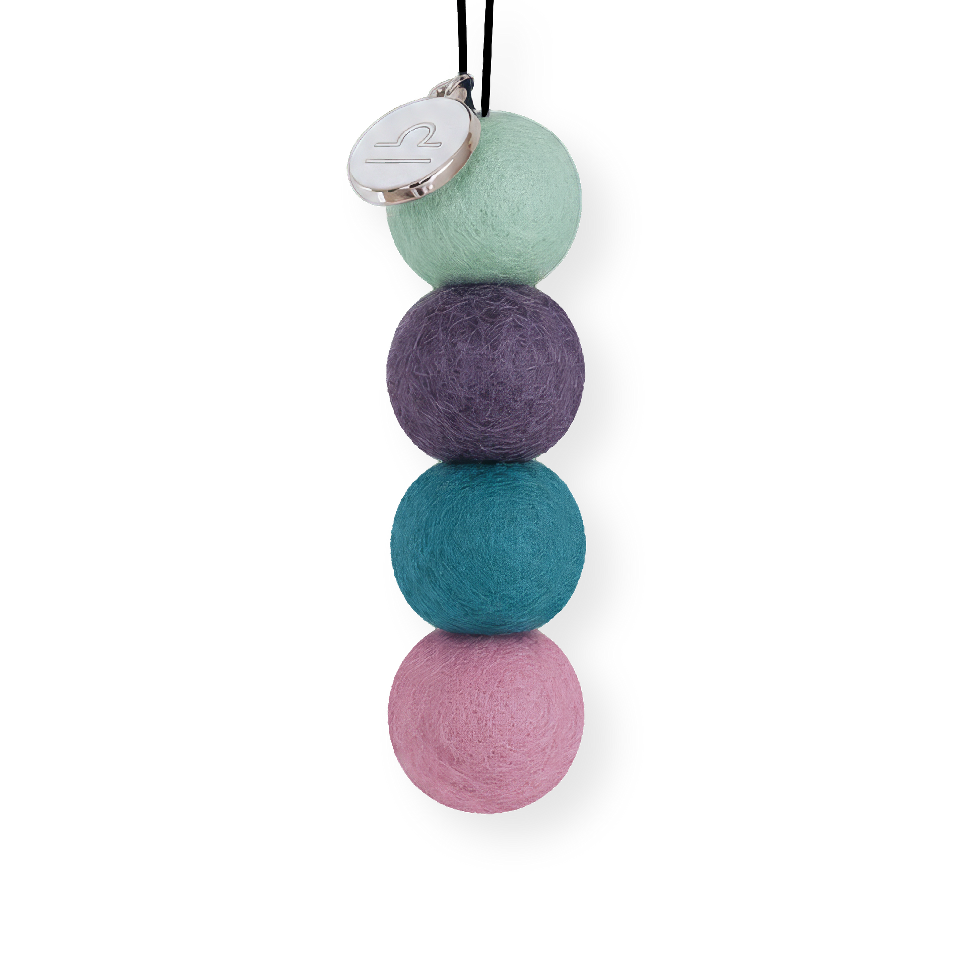 Four reusable wool felt air freshener balls in sage green, deep dusty purple, teal blue, and soft pastel pink for the Libra Zodiac Set.