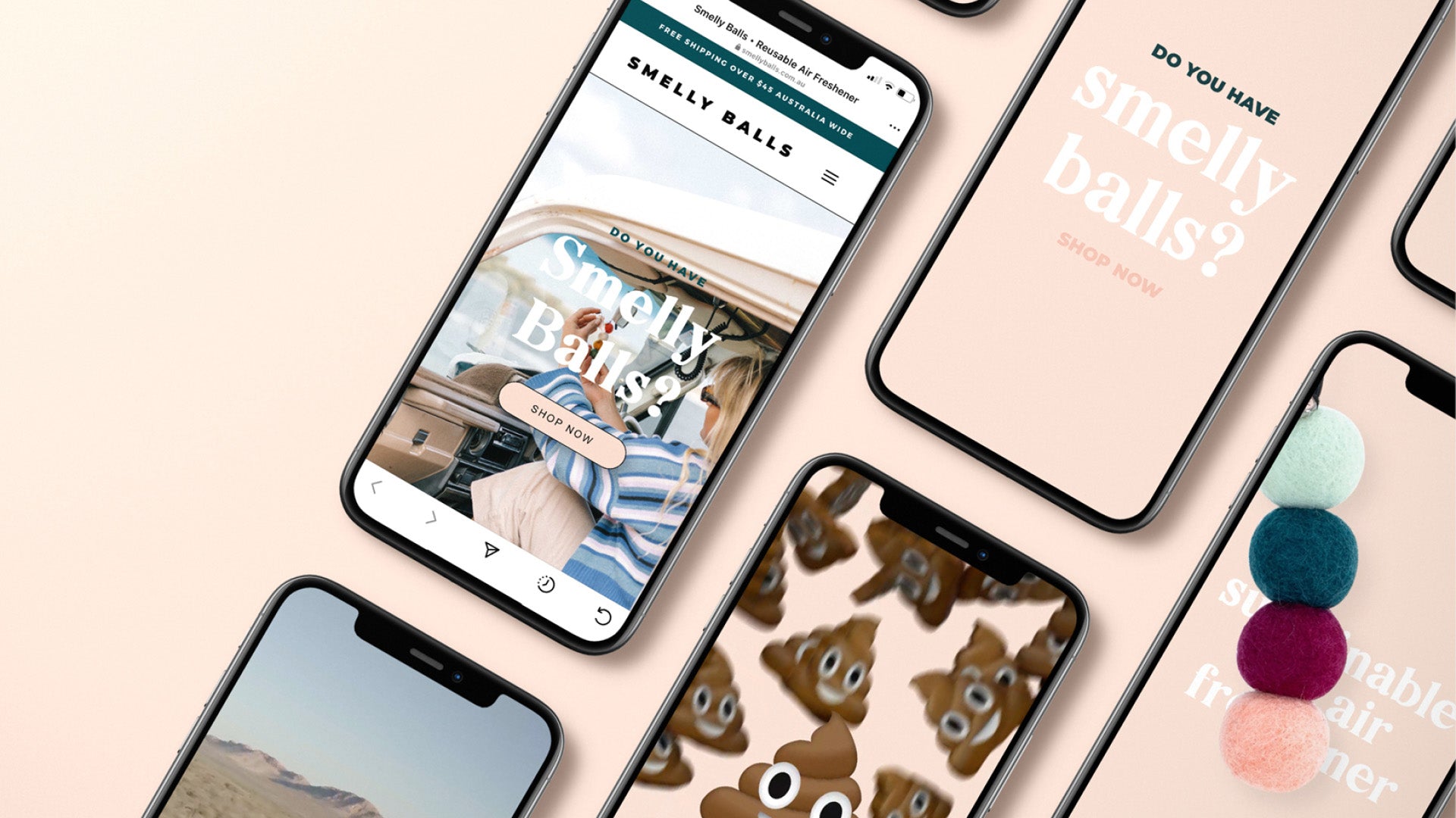 Multiple smartphones displaying the Smelly Balls website and marketing content.