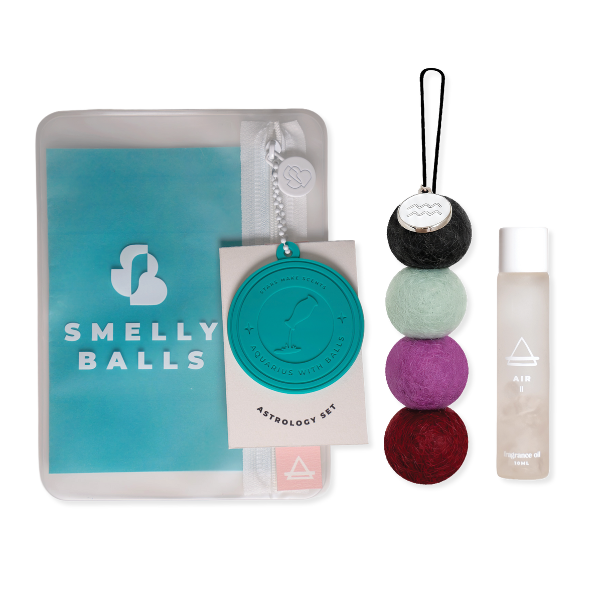 Smelly Balls Aquarius Astrology Set with reusable air freshener, Air crystal fragrance oil, and constellation card gift set