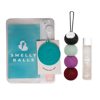 Smelly Balls Aquarius Astrology Set with reusable air freshener, Air crystal fragrance oil, and constellation card gift set