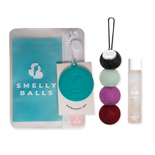 Smelly Balls Aquarius Astrology Set with reusable air freshener, Air crystal fragrance oil, and constellation card gift set