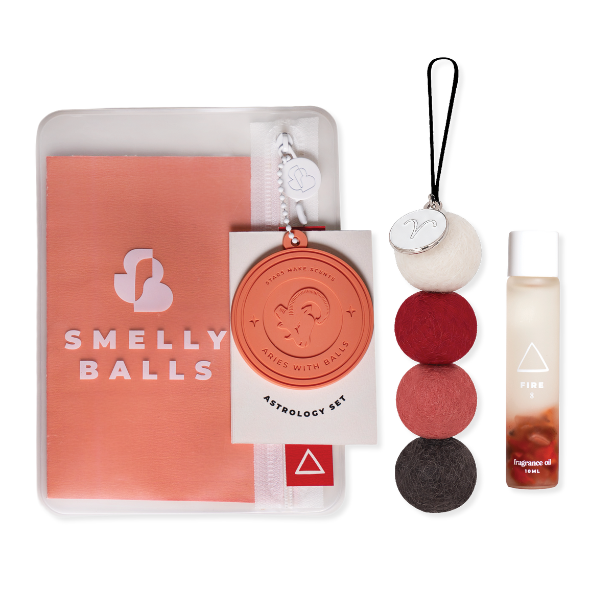 Smelly Balls Aries Astrology Set with reusable air freshener, Fire crystal fragrance oil, and constellation card gift set