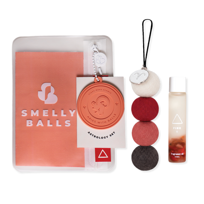 Smelly Balls Aries Astrology Set with reusable air freshener, Fire crystal fragrance oil, and constellation card gift set