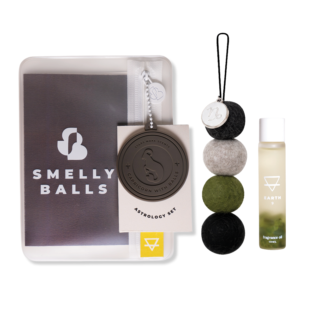 Smelly Balls Capricorn Set with reusable air freshener, Earth crystal fragrance oil, and constellation card gift set
