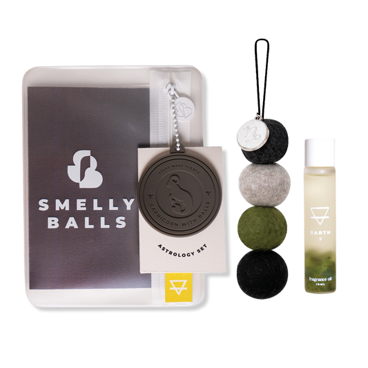 Smelly Balls Capricorn Set with reusable air freshener, Earth crystal fragrance oil, and constellation card gift set