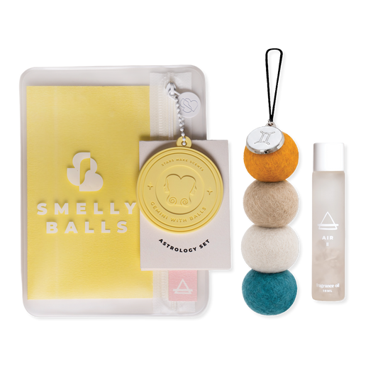 Smelly Balls Gemini Set with reusable air freshener, Air crystal fragrance oil, and constellation card gift set
