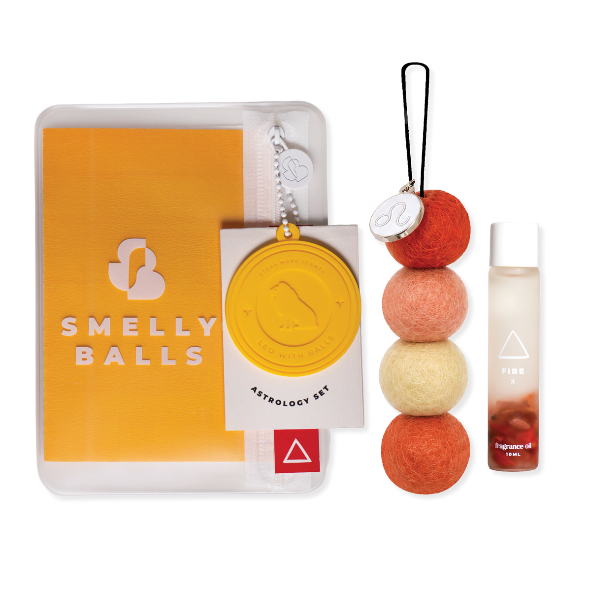 Smelly Balls Leo Set with reusable air freshener, Fire crystal fragrance oil, and constellation card gift set