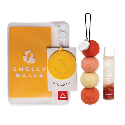 Smelly Balls Leo Set with reusable air freshener, Fire crystal fragrance oil, and constellation card gift set