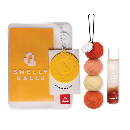 Smelly Balls Leo Set with reusable air freshener, Fire crystal fragrance oil, and constellation card gift set
