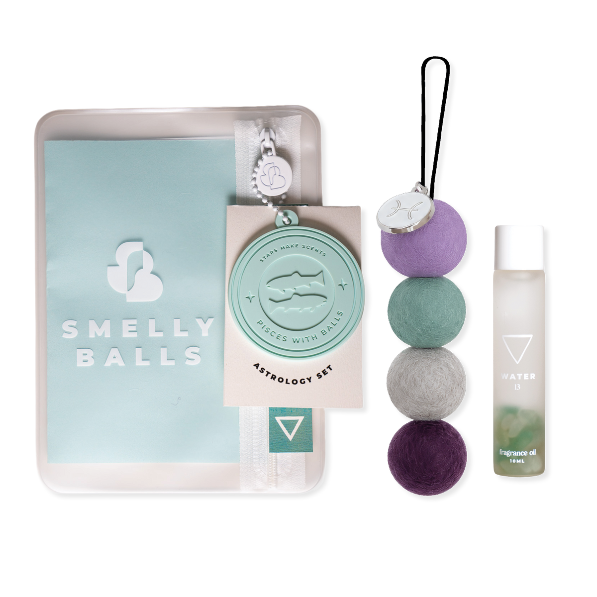 Smelly Balls Aquarius Pisces Set with reusable air freshener, Water crystal fragrance oil, and constellation card gift set