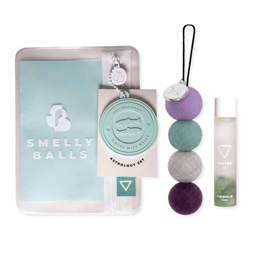 Smelly Balls Aquarius Pisces Set with reusable air freshener, Water crystal fragrance oil, and constellation card gift set