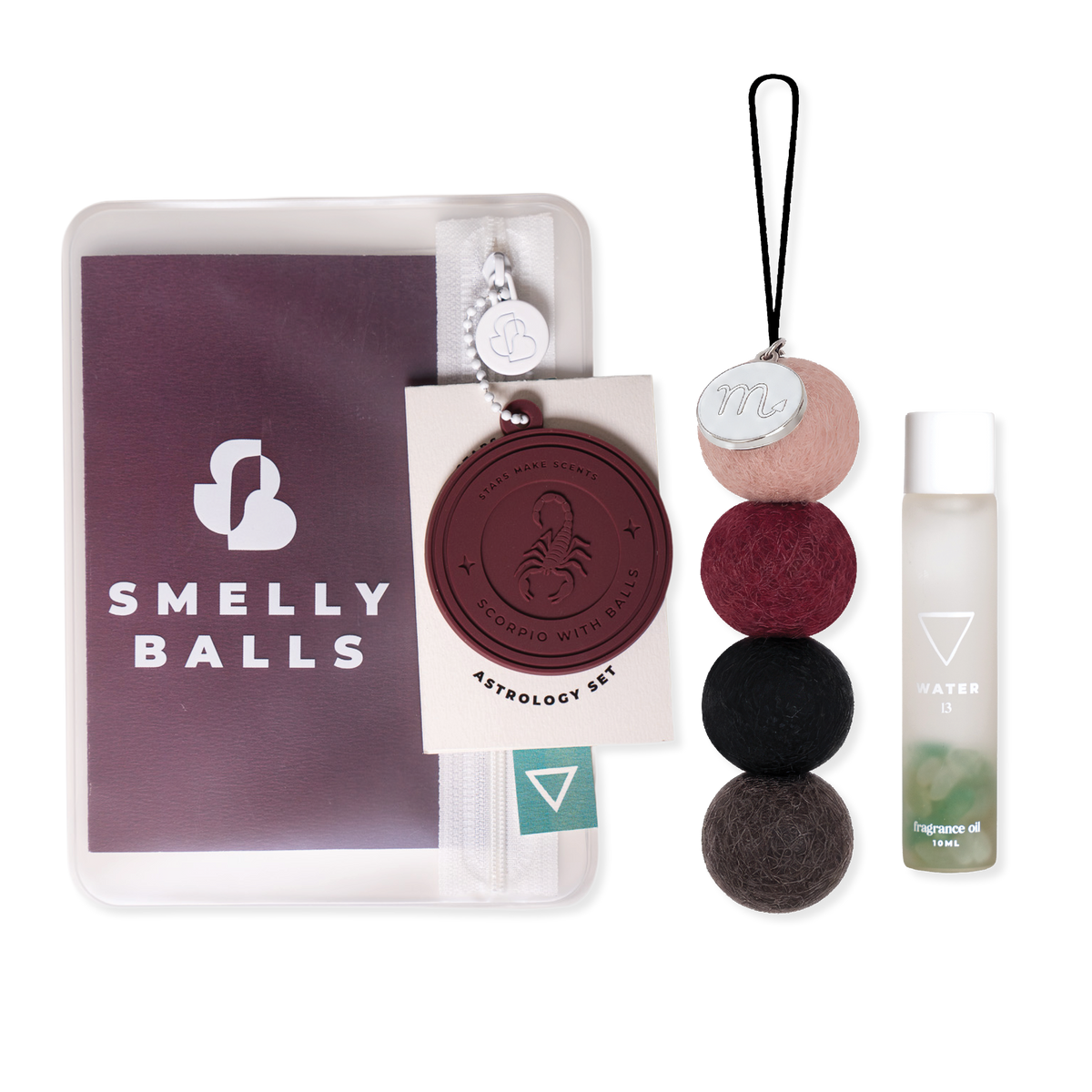 Smelly Balls Scorpio Set with reusable air freshener, Water crystal fragrance oil, and constellation card gift set
