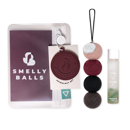 Smelly Balls Scorpio Set with reusable air freshener, Water crystal fragrance oil, and constellation card gift set