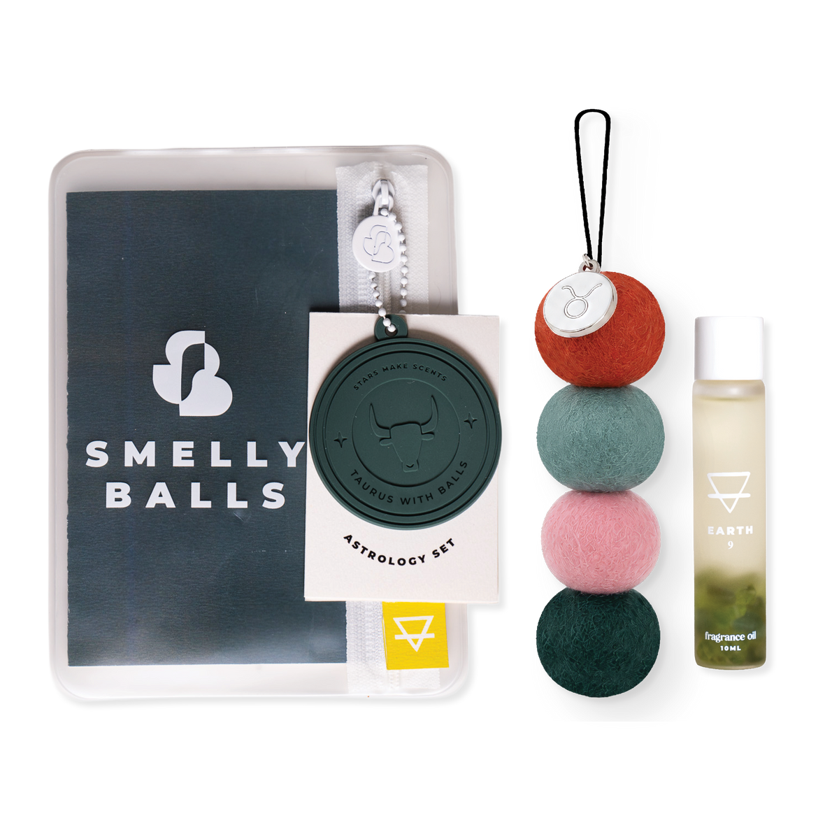 Smelly Balls Taurus Set with reusable air freshener, Earth crystal fragrance oil, and constellation card gift set