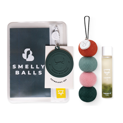 Smelly Balls Taurus Set with reusable air freshener, Earth crystal fragrance oil, and constellation card gift set