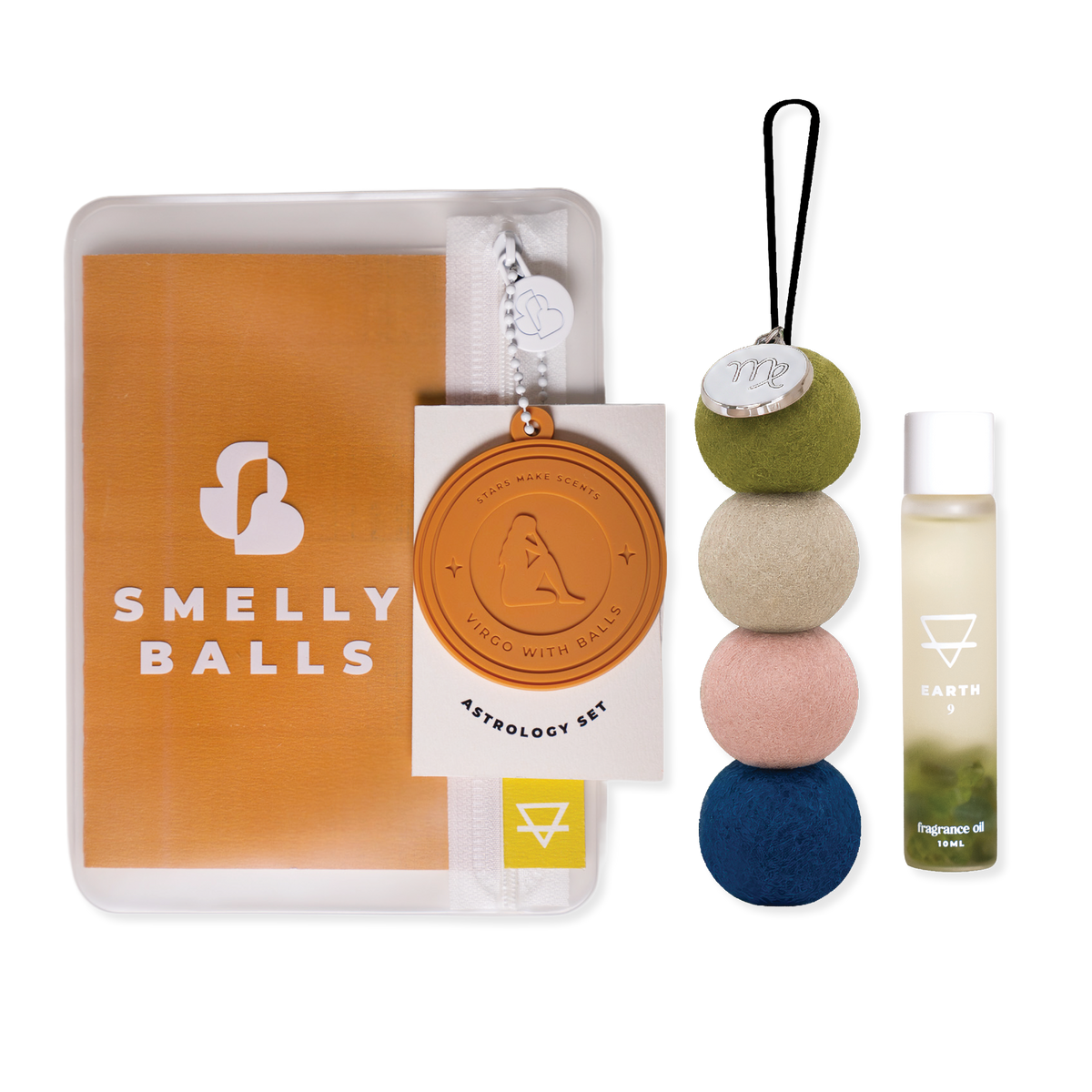 Smelly Balls Virgo Set with reusable air freshener, Earth crystal fragrance oil, and constellation card gift set