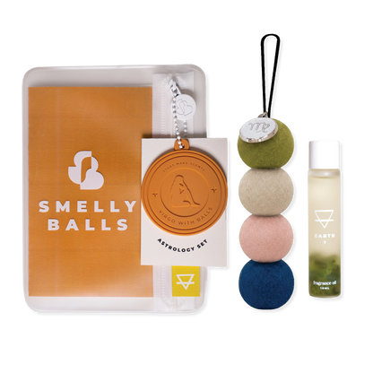 Smelly Balls Virgo Set with reusable air freshener, Earth crystal fragrance oil, and constellation card gift set
