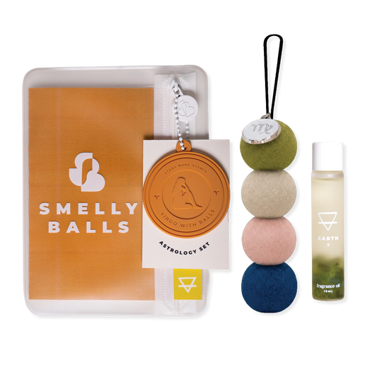 Smelly Balls Virgo Set with reusable air freshener, Earth crystal fragrance oil, and constellation card gift set