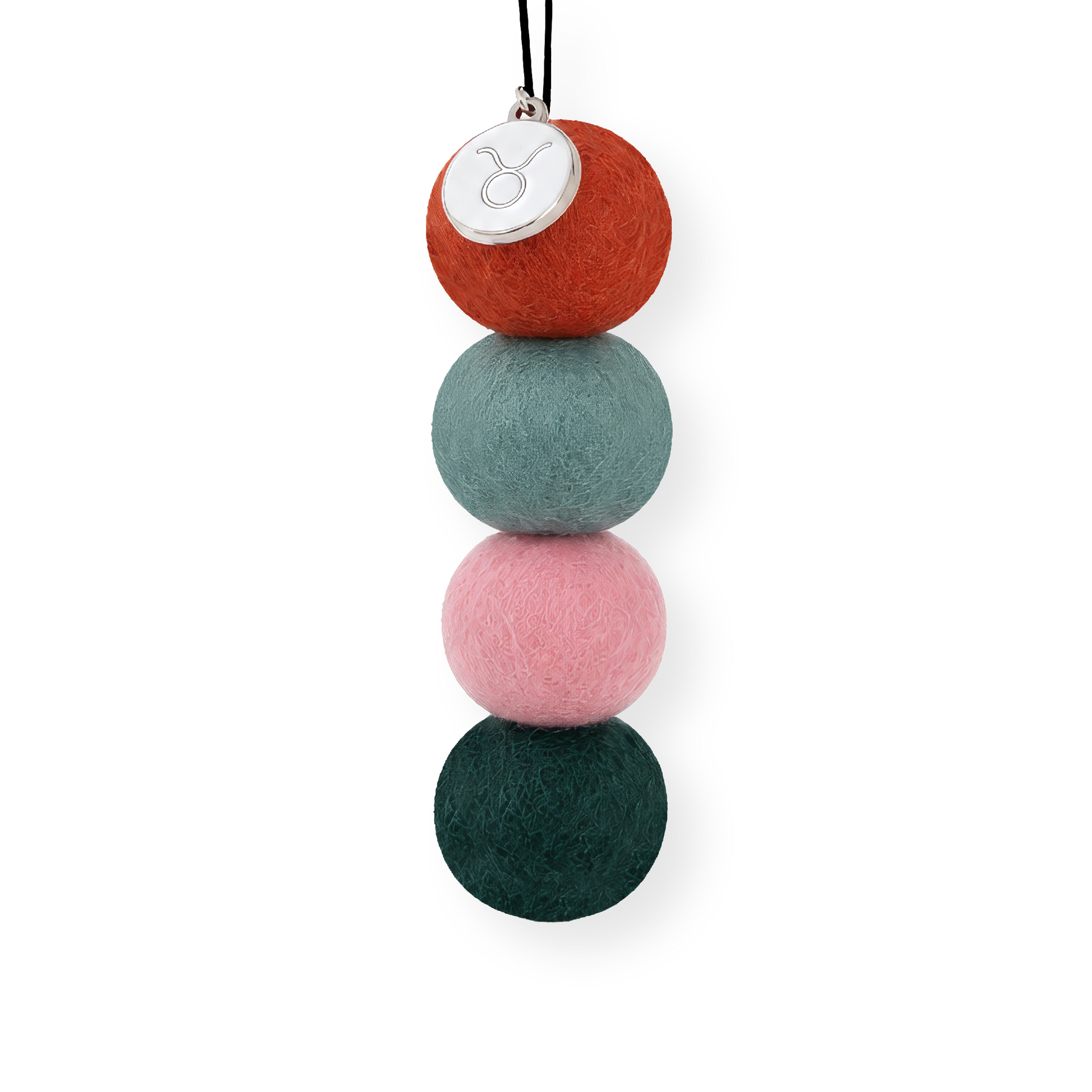 Taurus Zodiac Smelly Balls four reusable wool felt scent balls in an earthy palette of terracotta orange, sage green, soft blush pink, and deep forest green, strung on an elastic cord.