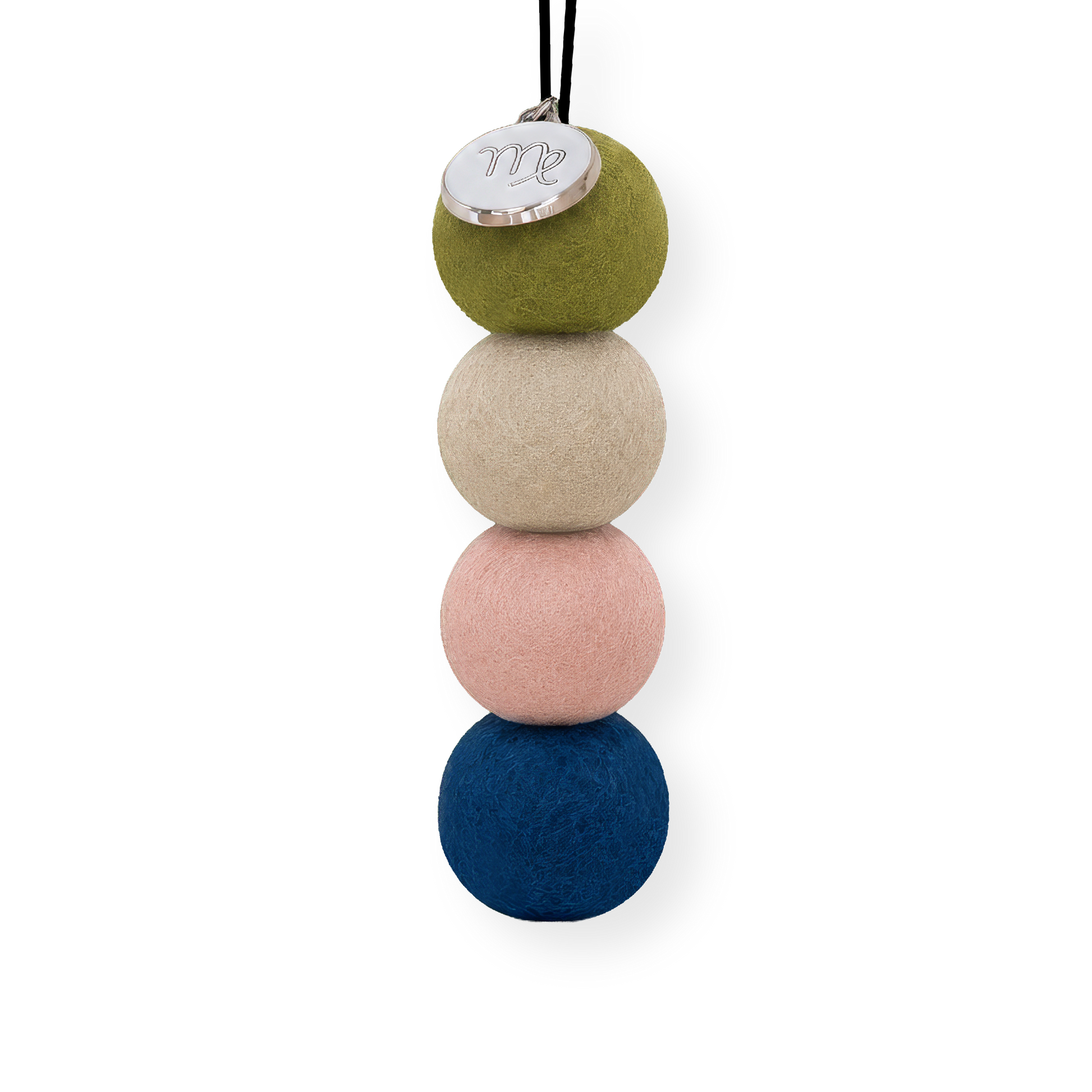 Four reusable wool felt air freshener balls in olive green, warm stone beige, blush pink, and deep navy blue for the Virgo Zodiac Set.