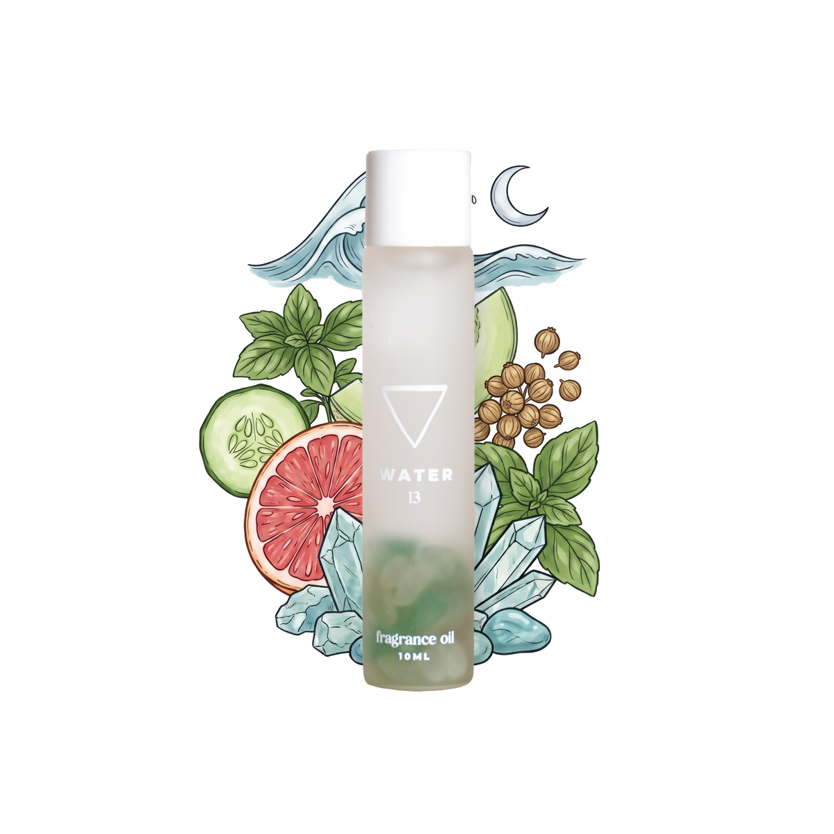 Water Element Fragrance Oil bottle with Aquamarine crystals for Smelly Balls car freshener