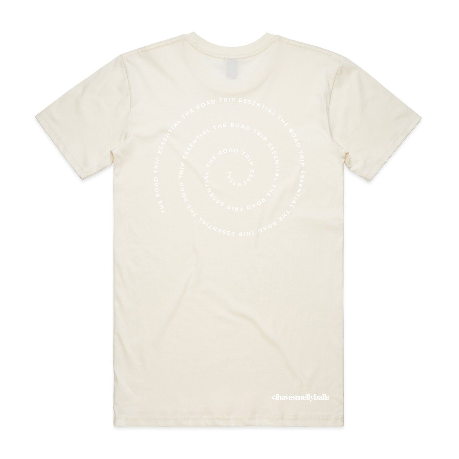 Back of a cream t-shirt with circular text