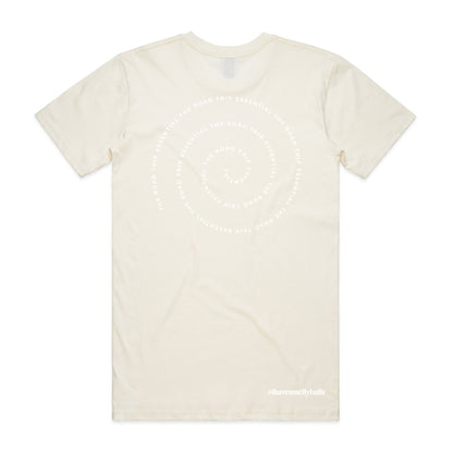 Back of a cream t-shirt with circular text