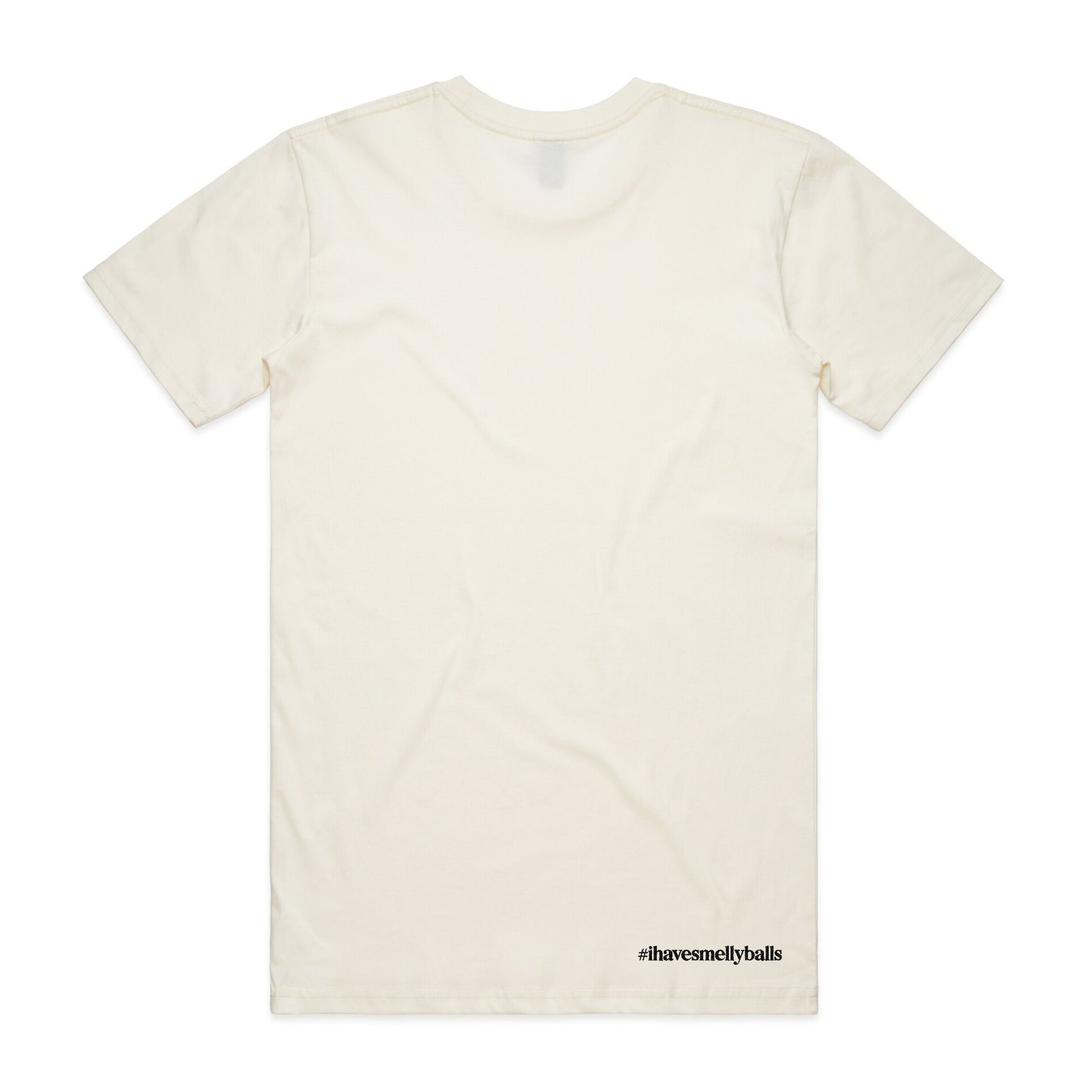 Back of a cream t-shirt with "#ihavesmellyballs" text.