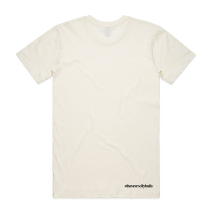 Back of a cream t-shirt with "#ihavesmellyballs" text.