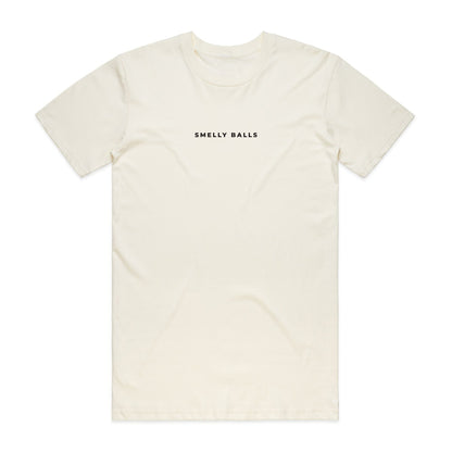 Front of a cream t-shirt with "SMELLY BALLS" text.