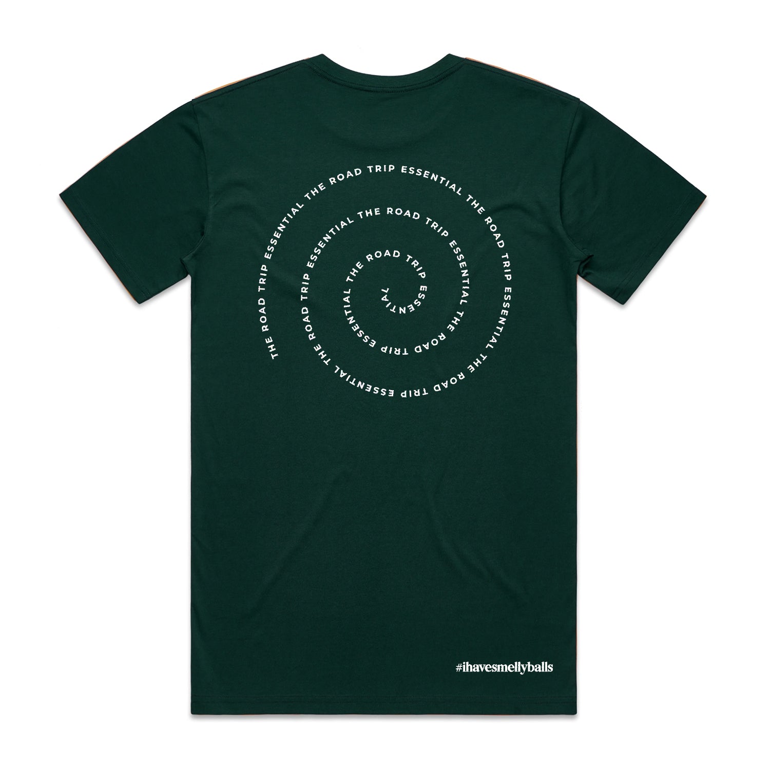 Back of a dark green t-shirt with circular text