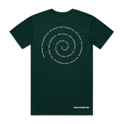 Back of a dark green t-shirt with circular text