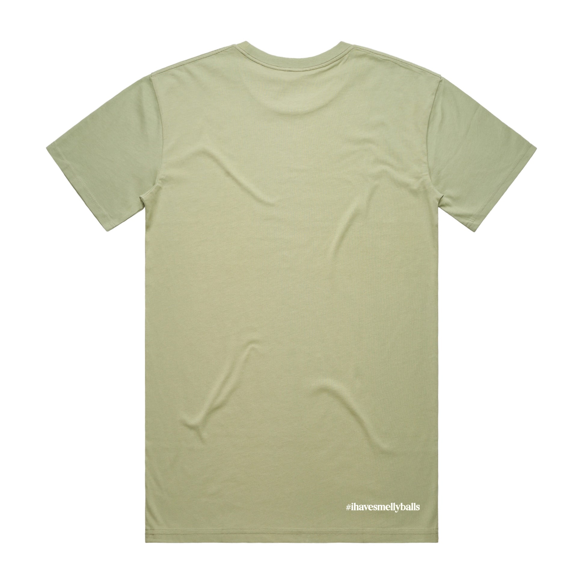 Back of a green t-shirt with "#ihavesmellyballs" text.