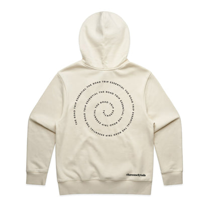 Back of a cream hoodie with circular text