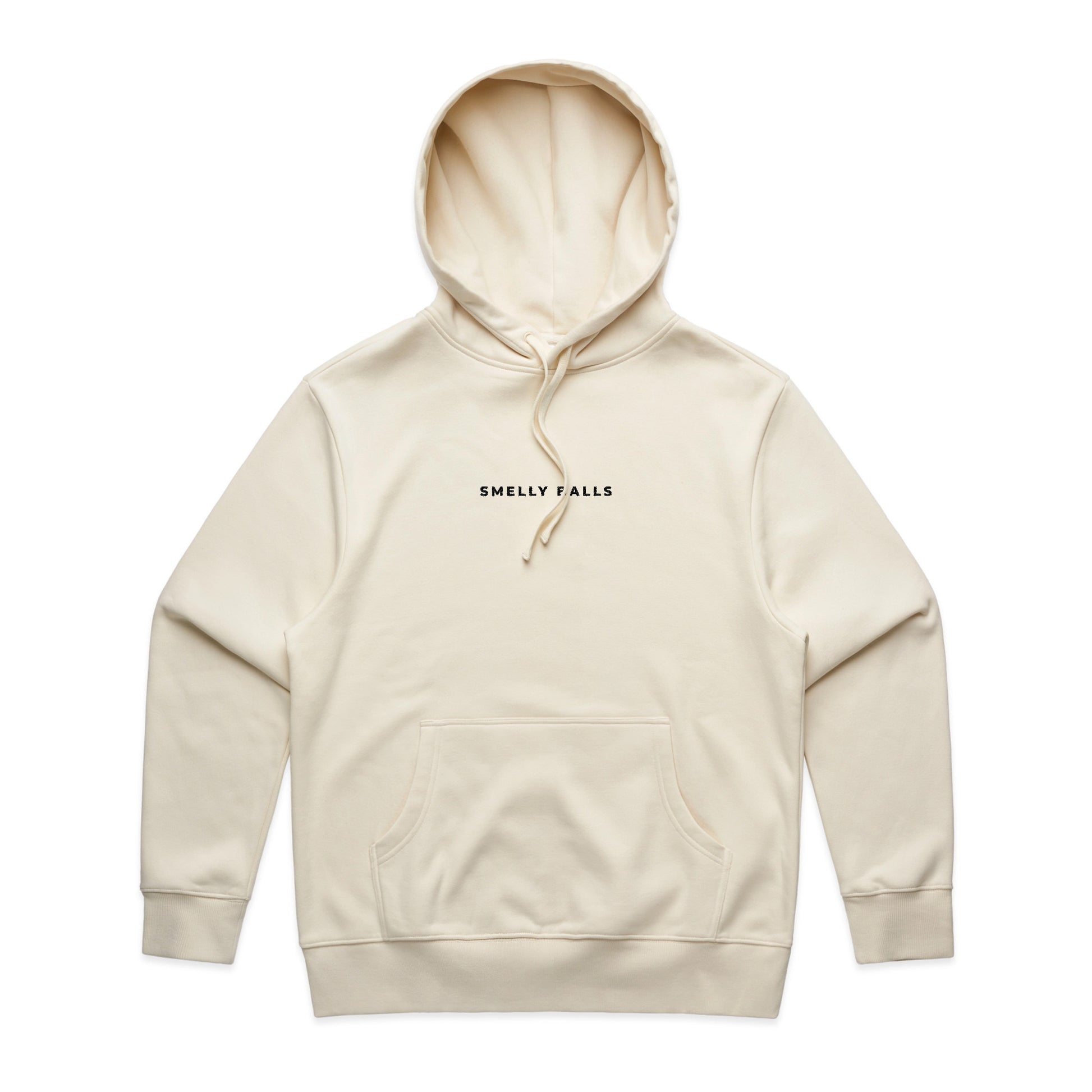A cream-colored hoodie with the text "SMELLY BALLS."