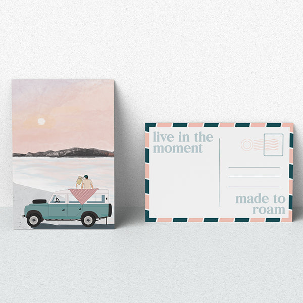 Postcard featuring an illustration of a couple in a car