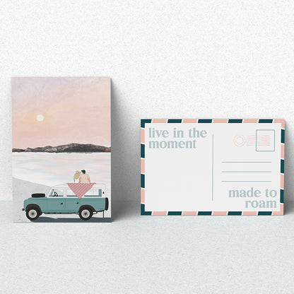 Postcard featuring an illustration of a couple in a car
